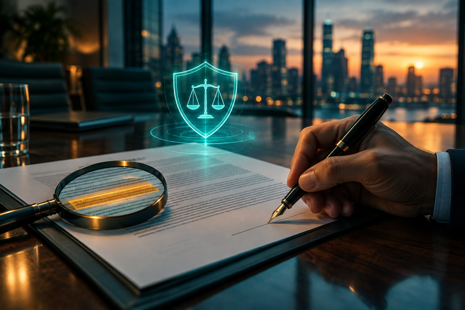 A founder's pen pausing over the signature line of a contract, with one clause highlighted under a magnifying glass to suggest hidden liability risk