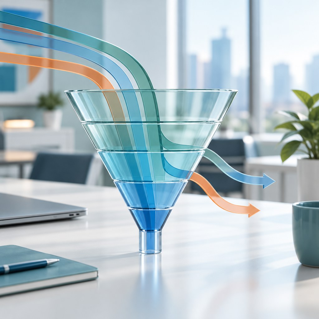 A glass sales funnel in a modern office with coloured streams leaking out before reaching the bottom, showing pipeline lost before the first sales call