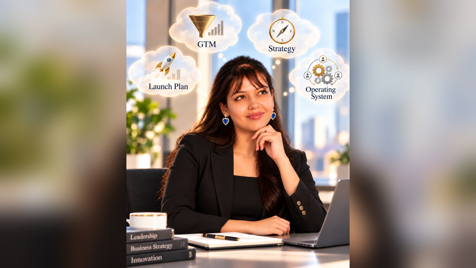 Professional woman at a desk thinking, with thought clouds labelled Launch Plan, GTM, Strategy and Operating System