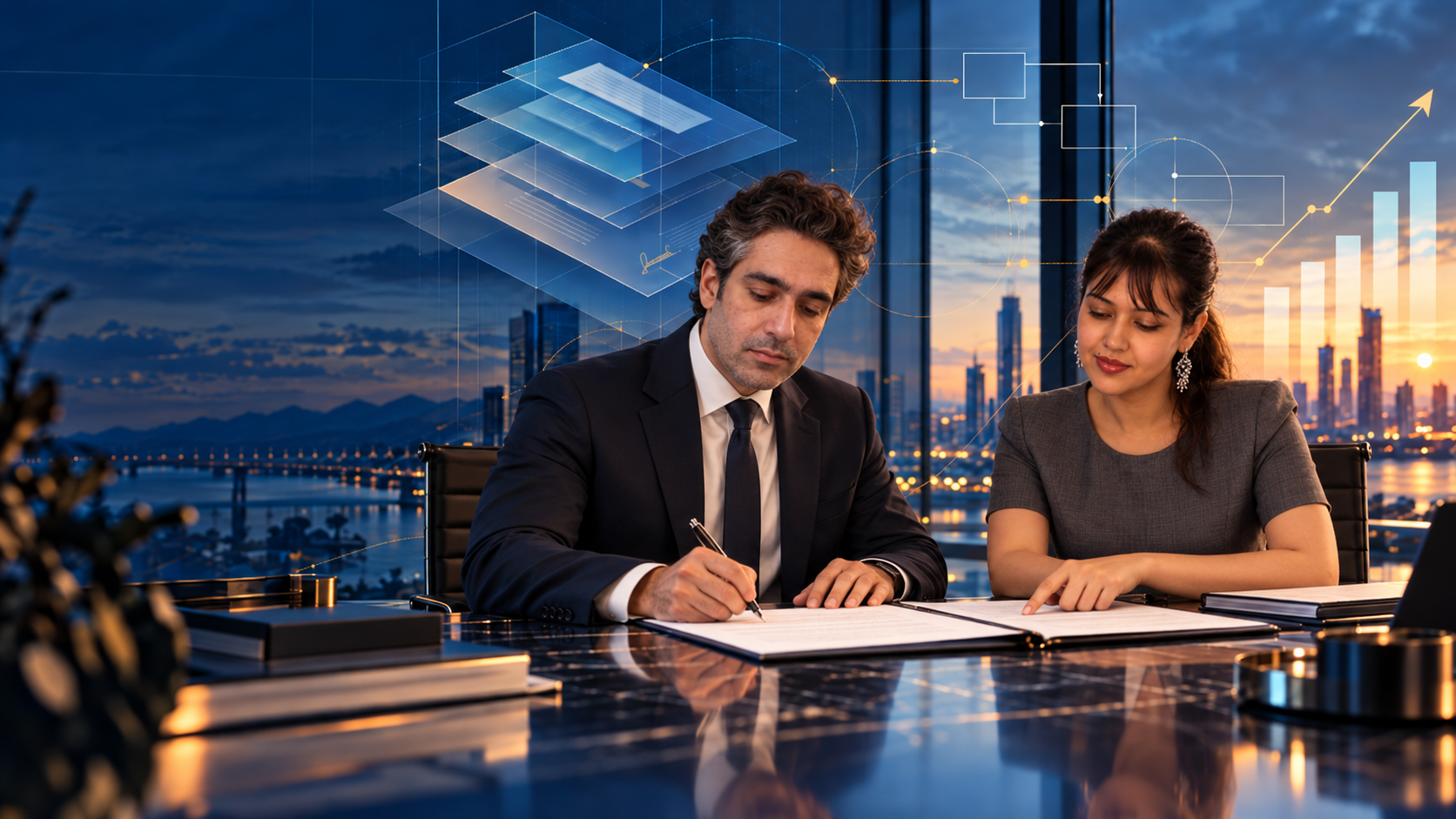 Two professionals reviewing and signing a contract at a boardroom table at twilight, with a city skyline and layered document and growth-chart graphics in the background