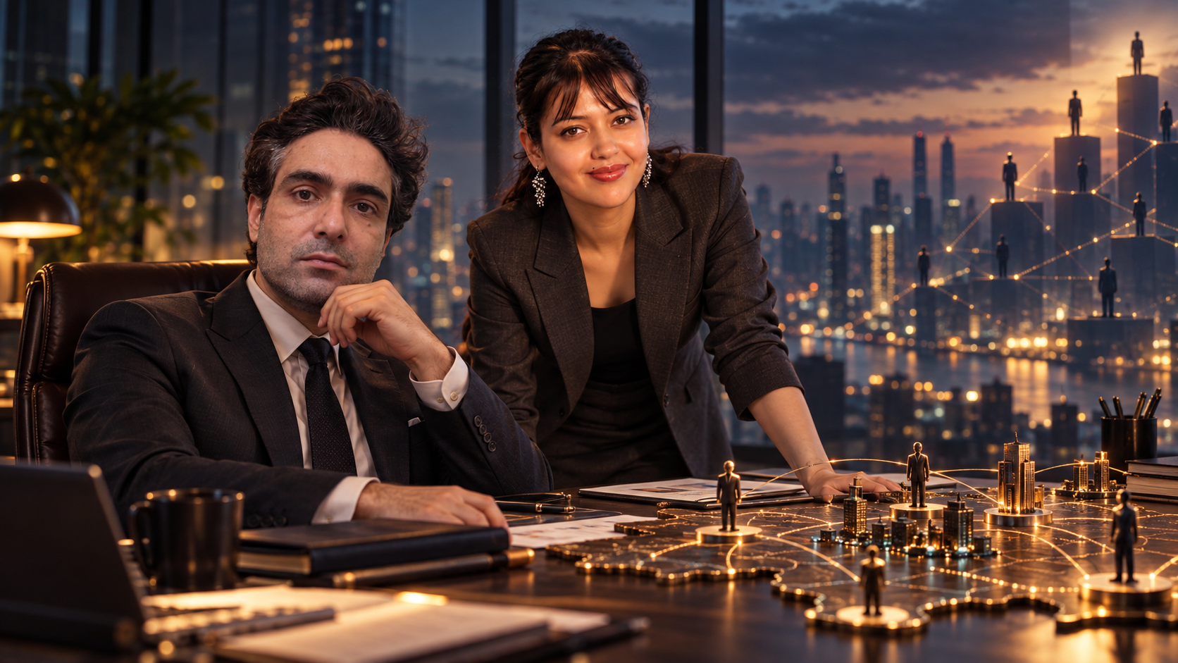 Two business leaders in a high-rise office at dusk, with a strategy map of miniature figures and buildings on the desk and a city skyline behind them