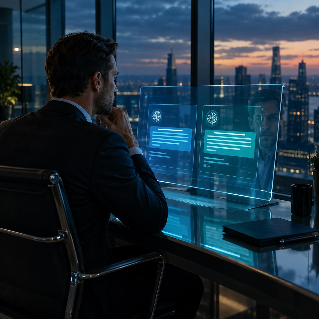 A business executive in a high-rise office at dusk studying a glowing AI interface on screen