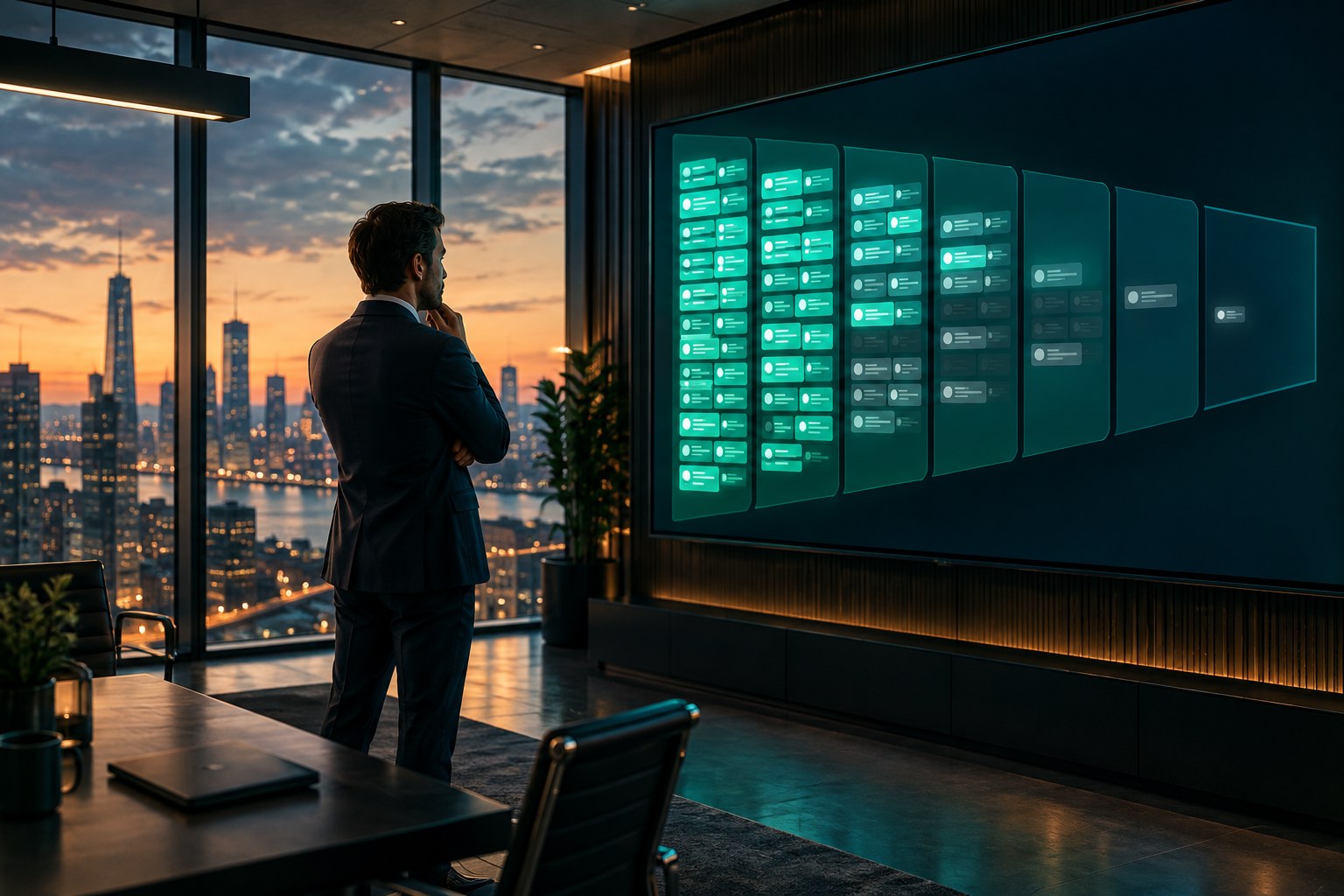 A sales leader at dusk studying a wall display of a sales pipeline, crowded with deals at the top and thinning out as deals stall in later stages